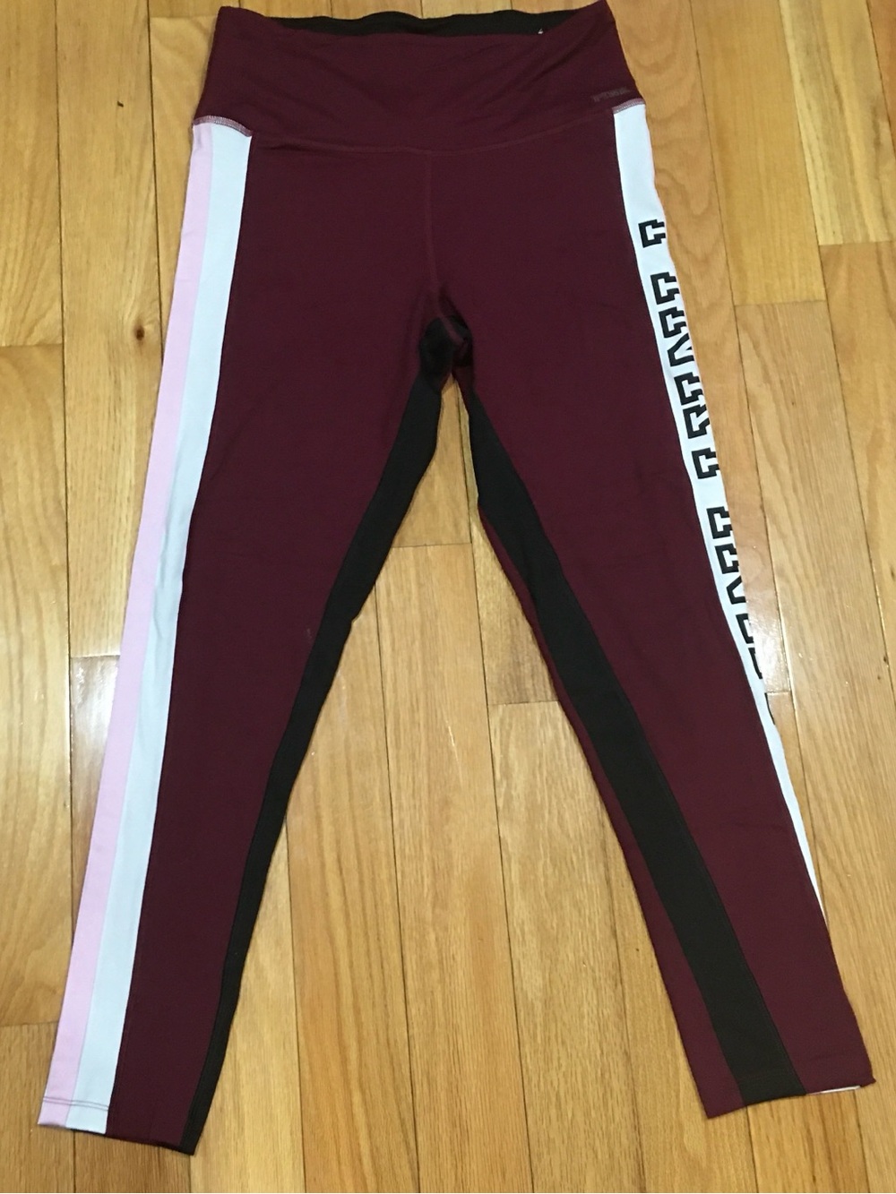 PINK Victoria's Secret Maroon Leggings with Pink and White Side Stripes